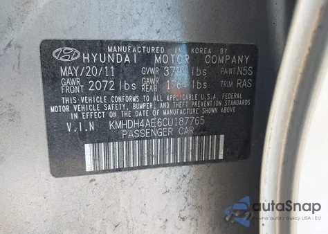 2012 Hyundai Elantra Gls (Ulsan Plant) from USA, damaged, VIN KMHDH4AE6CU187765
